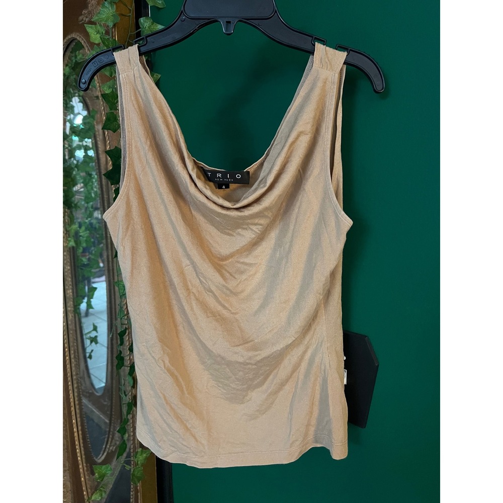 90s Trio New York Vintage Silk Cotton Cowl Neck Tank Top Champagne Gold Size 4